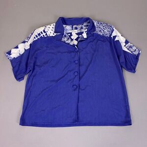 Vintage Robbie Sport Button Up Top Size 16 90s Blue Abstract Print‎ Short Sleeve